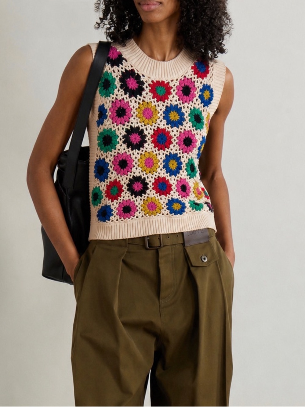 Crochet Floral Patchwork Sweater Vest in Cream with Multi Colors